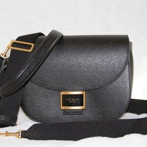 NWT Kate Spade Katy Saddle Crossbody Bag Black Leather Purse